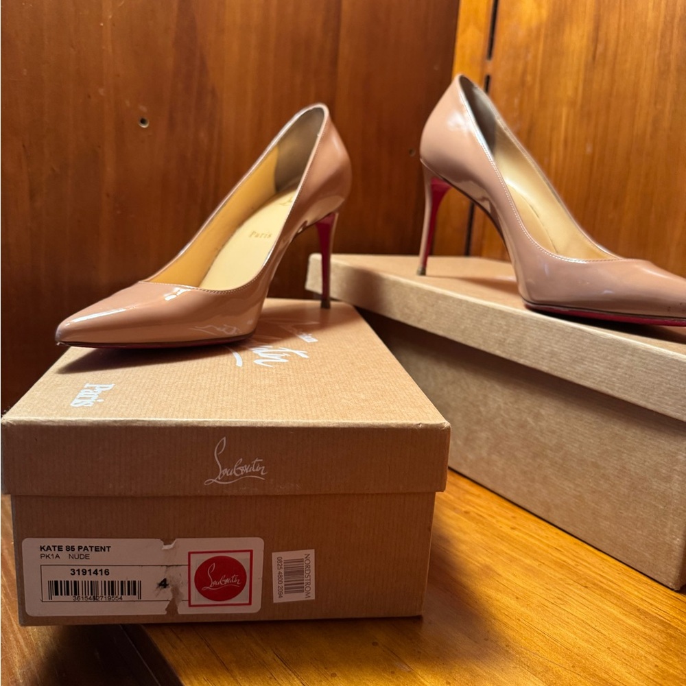 Christian Louboutin Kate 85 Patent Nude Heels with Red Soles